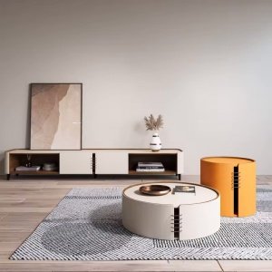 Set Comoda TV si masuta cafea premium, lemn masiv si piele Malibu, Homedit