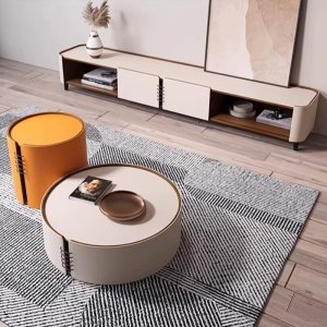 Set Comoda TV si masuta cafea premium, lemn masiv si piele Malibu, Homedit