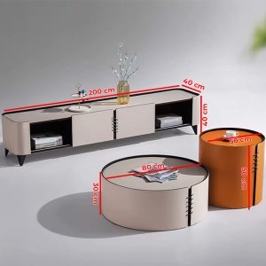 Set Comoda TV si masuta cafea premium, lemn masiv si piele Malibu, Homedit