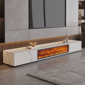 Comoda TV Flame din lemn masiv, alb marble ardezie, 200 cm x 40 cm x 35 cm, Homedit