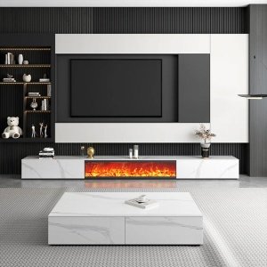 Comoda TV Flame din lemn masiv, alb marble ardezie, 200 cm x 40 cm x 35 cm, Homedit