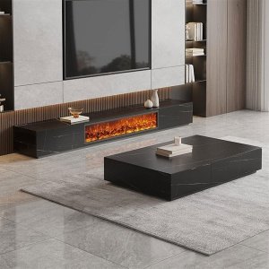 Comoda TV Flame din lemn masiv, negru marble ardezie, 200 cm x 40 cm x 35 cm, Homedit