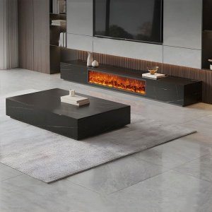 Comoda TV Flame din lemn masiv, negru marble ardezie, 200 cm x 40 cm x 35 cm, Homedit