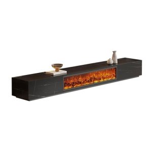 Comoda TV Flame din lemn masiv, negru marble ardezie, 200 cm x 40 cm x 35 cm, Homedit