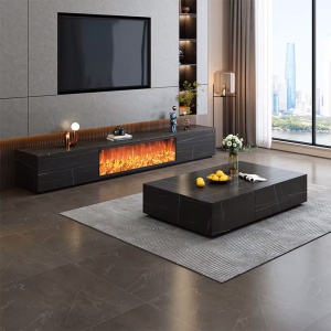 Comoda TV Flame din lemn masiv, negru marble ardezie, 200 cm x 40 cm x 35 cm, Homedit