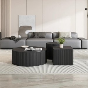 Masuta living rotunda lemn si ardezie Moss, negru, 40 x 40 x 45 cm, Homedit