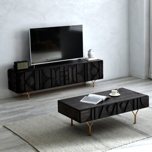 Comoda TV din lemn masiv stejar negru 180 cm premium Geotry, 180 x 40 x 65 cm, Homedit