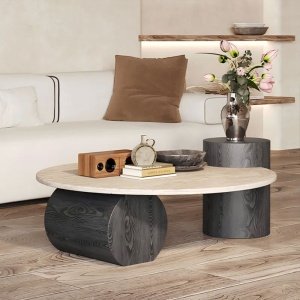 Masa premium Dune, lemn masiv si Terrazzo, 90 cm, Homedit