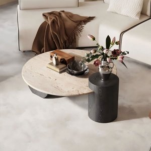 Masa premium Dune, lemn masiv si Terrazzo, 90 cm, Homedit