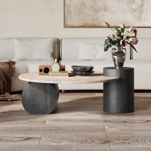 Masa premium Dune, lemn masiv si Terrazzo, 90 cm, Homedit