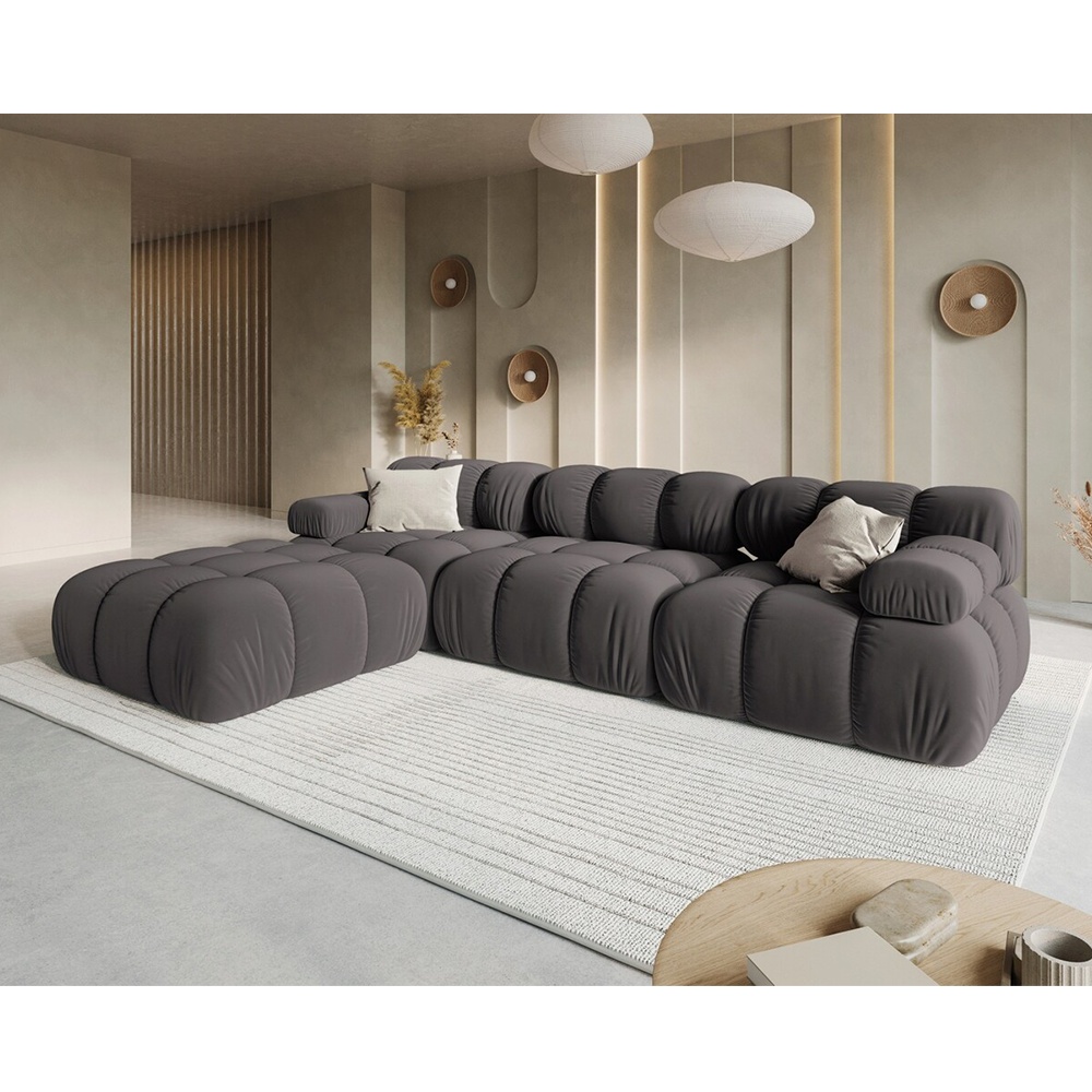 Canapea premium modulara din catifea Bellis, 288 x 96 cm, taburet 96 x 96 cm, gri, Homedit Canapea premium modulara din catifea Bellis, 288 x 96 cm, taburet 96 x 96 cm, gri, Homedit