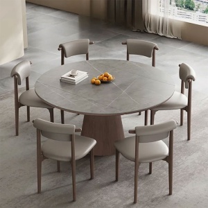 Masa extensibila 150 x 90 x 75 cm lemn masiv si ardezie gri Jhonson, masa dining rotunda, basa bucatarie, Homedit