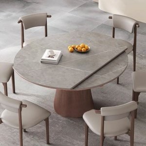 Masa extensibila 150 x 90 x 75 cm lemn masiv si ardezie gri Jhonson, masa dining rotunda, basa bucatarie, Homedit