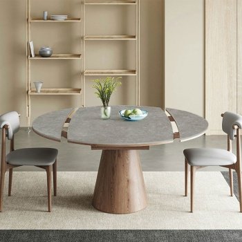 Masa extensibila 150 x 90 x 75 cm lemn masiv si ardezie gri Jhonson, masa dining rotunda, basa bucatarie, Homedit