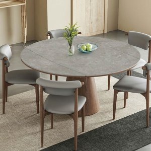 Masa extensibila 150 x 90 x 75 cm lemn masiv si ardezie gri Jhonson, masa dining rotunda, basa bucatarie, Homedit