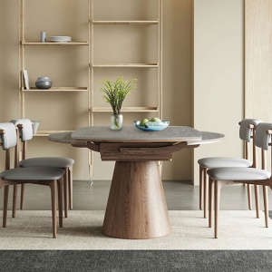 Masa extensibila 150 x 90 x 75 cm lemn masiv si ardezie gri Jhonson, masa dining rotunda, basa bucatarie, Homedit
