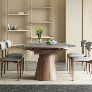 Masa extensibila 150 x 90 x 75 cm lemn masiv si ardezie gri Jhonson, masa dining rotunda, basa bucatarie, Homedit