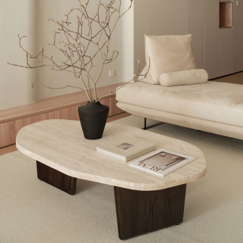 Masuta cafea premium Kaice, stejar rosu si piatra naturala, 120 x 68 x 35 cm, Homedit