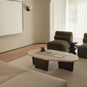 Masuta cafea premium Kaice, stejar rosu si piatra naturala, 120 x 68 x 35 cm, Homedit