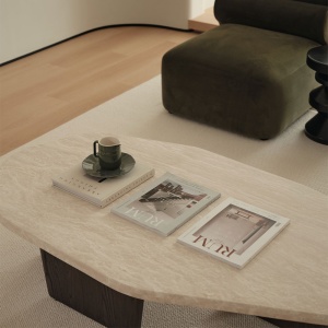 Masuta cafea premium Kaice, stejar rosu si piatra naturala, 120 x 68 x 35 cm, Homedit