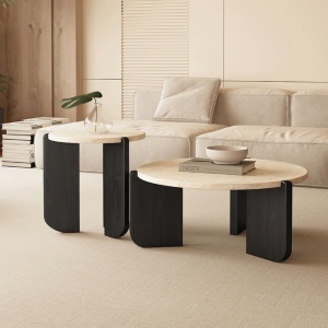 Masă cafea Luce terrazzo și lemn masiv stejar roșu – 80 x 35cm | Homedit