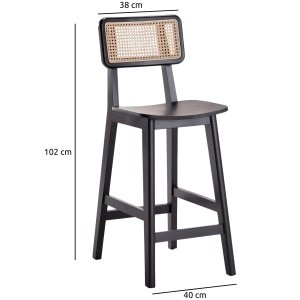 Scaun bar Rika din lemn de cauciuc cu spătar din ratan împletit,  Homedit