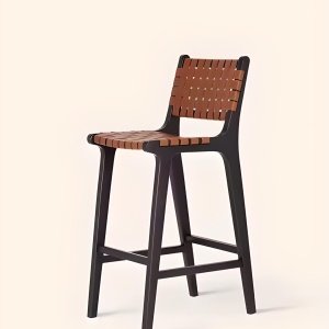 scaun de bar din lemn masiv lunea, scaun lemn masic cu benzi din piele impletita, homedit