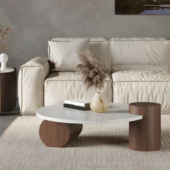Masa premium Dune, lemn masiv si Terrazzo, 90 cm, Homedit