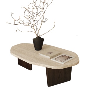 Masuta cafea premium Kaice, stejar rosu si piatra naturala, 120 x 68 x 35 cm, Homedit