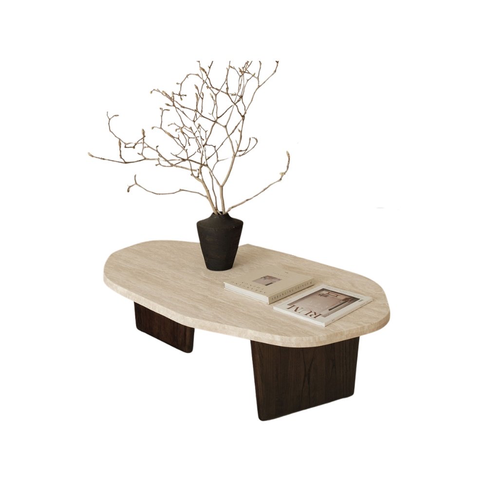 Masuta cafea premium Kaice, stejar rosu si piatra naturala, 120 x 68 x 35 cm, Homedit