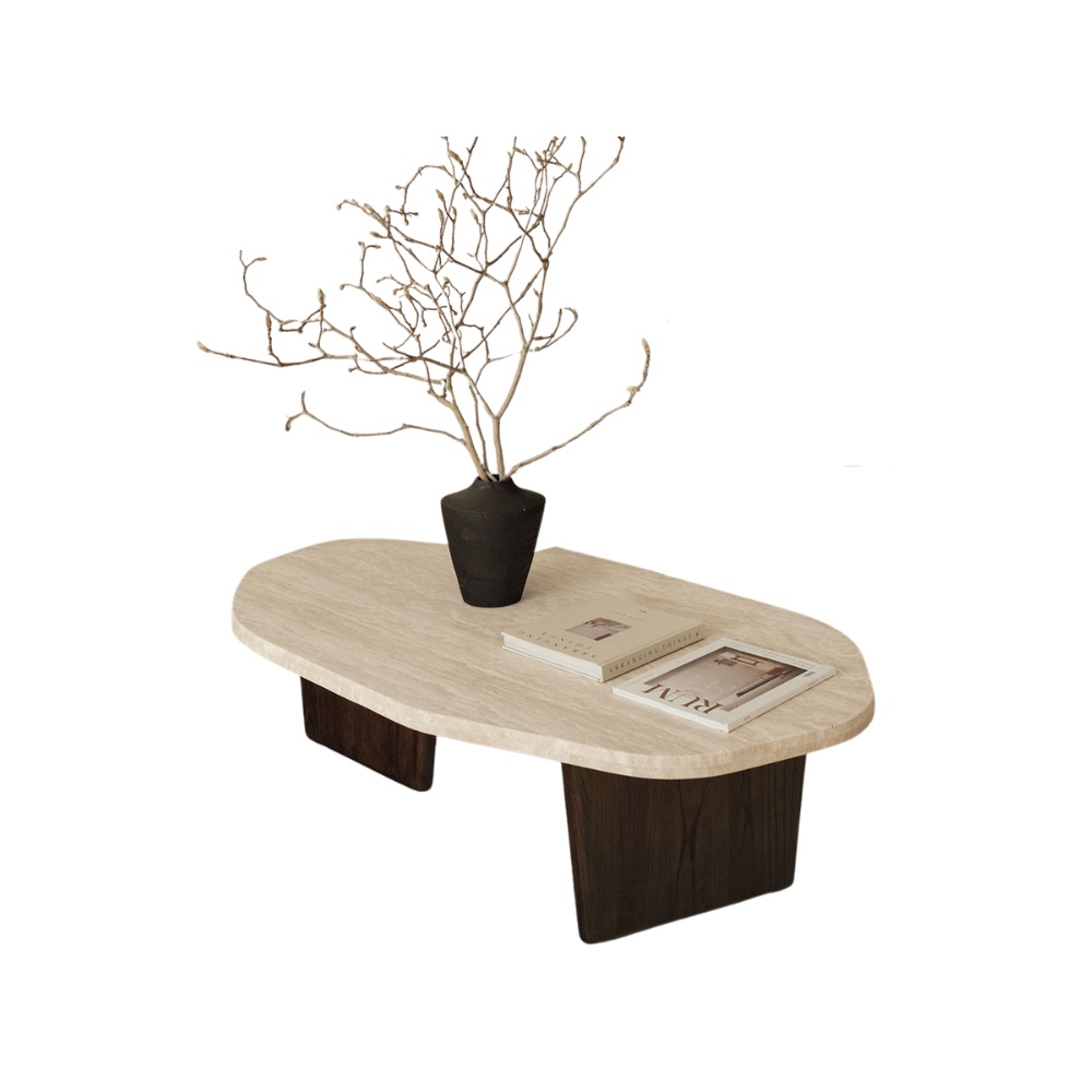 Masuta cafea premium Kaice, stejar rosu si piatra naturala, 120 x 68 x 35 cm, Homedit