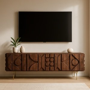 Comoda TV maro din lemn masiv stejar 180 cm premium Geotry, 180 x 40 x 65 cm, Homedit