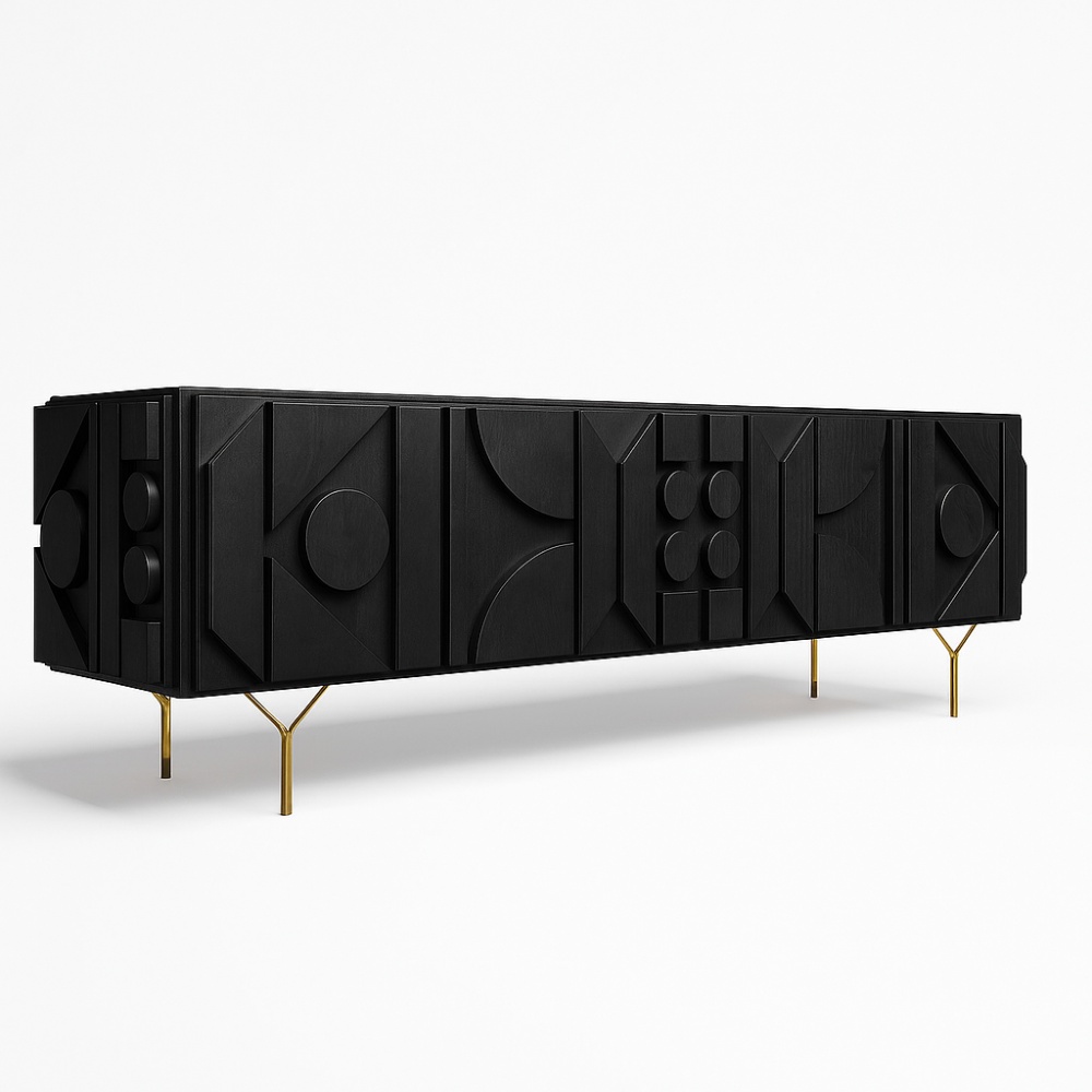 Comoda TV din lemn masiv stejar negru 180 cm premium Geotry, 180 x 40 x 65 cm, Homedit