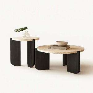 Masă cafea Luce terrazzo și lemn masiv stejar roșu – 80 x 35cm | Homedit