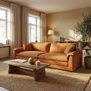 Canapea Alyma, portocaliu, topper si material tehnologic anti pata, Homedit