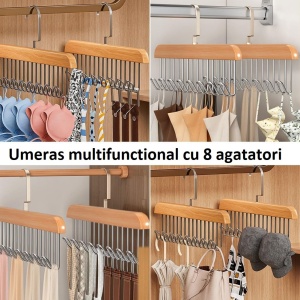 Umeras din lemn cu 8 agatatori, umeras dressing, Homedit