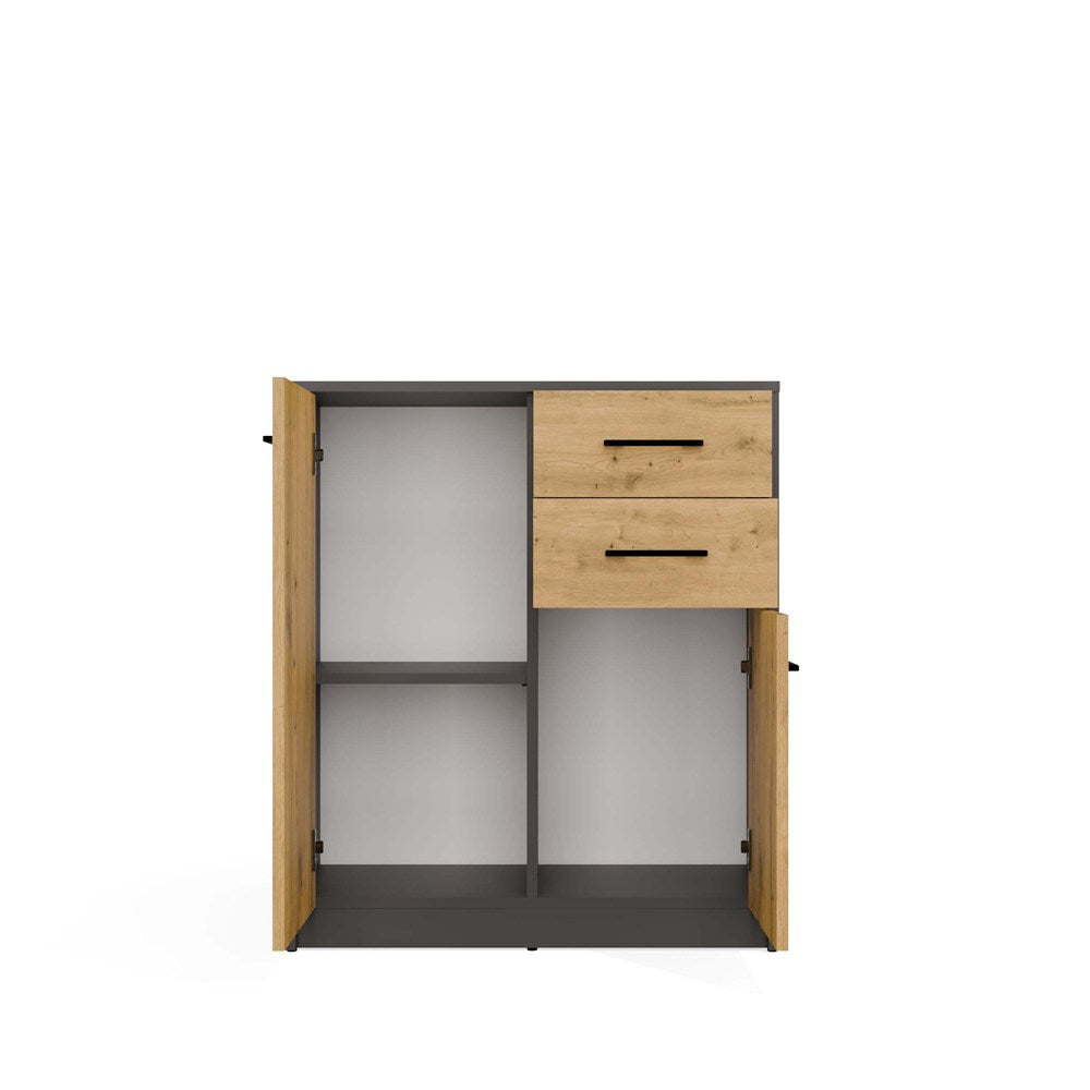 Comodă SIMPLO 2D2S cu 2 Uși și 2 Sertare, 74 x 85 x 35 cm, Antracit și Stejar Artisan, Homedit