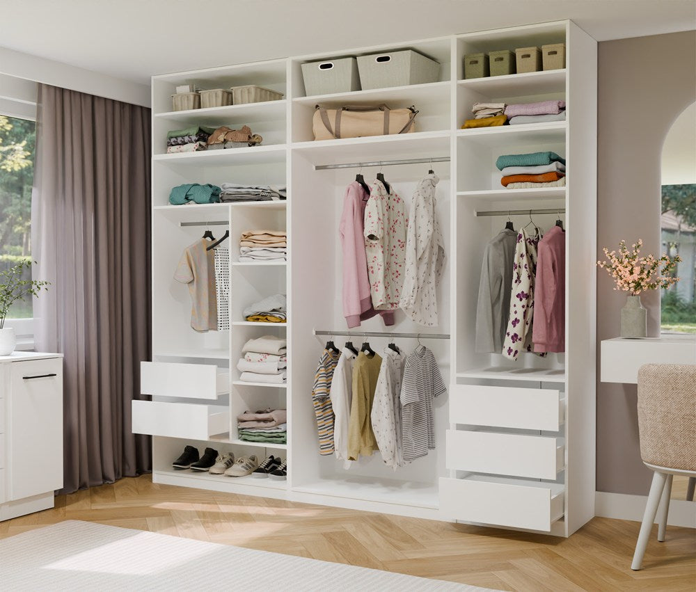 Garderobă Modulară OPENO 1W1P3S cu Bară Haine și 3 Sertare, 60 x 200 x 50 cm, Alb, Homedit