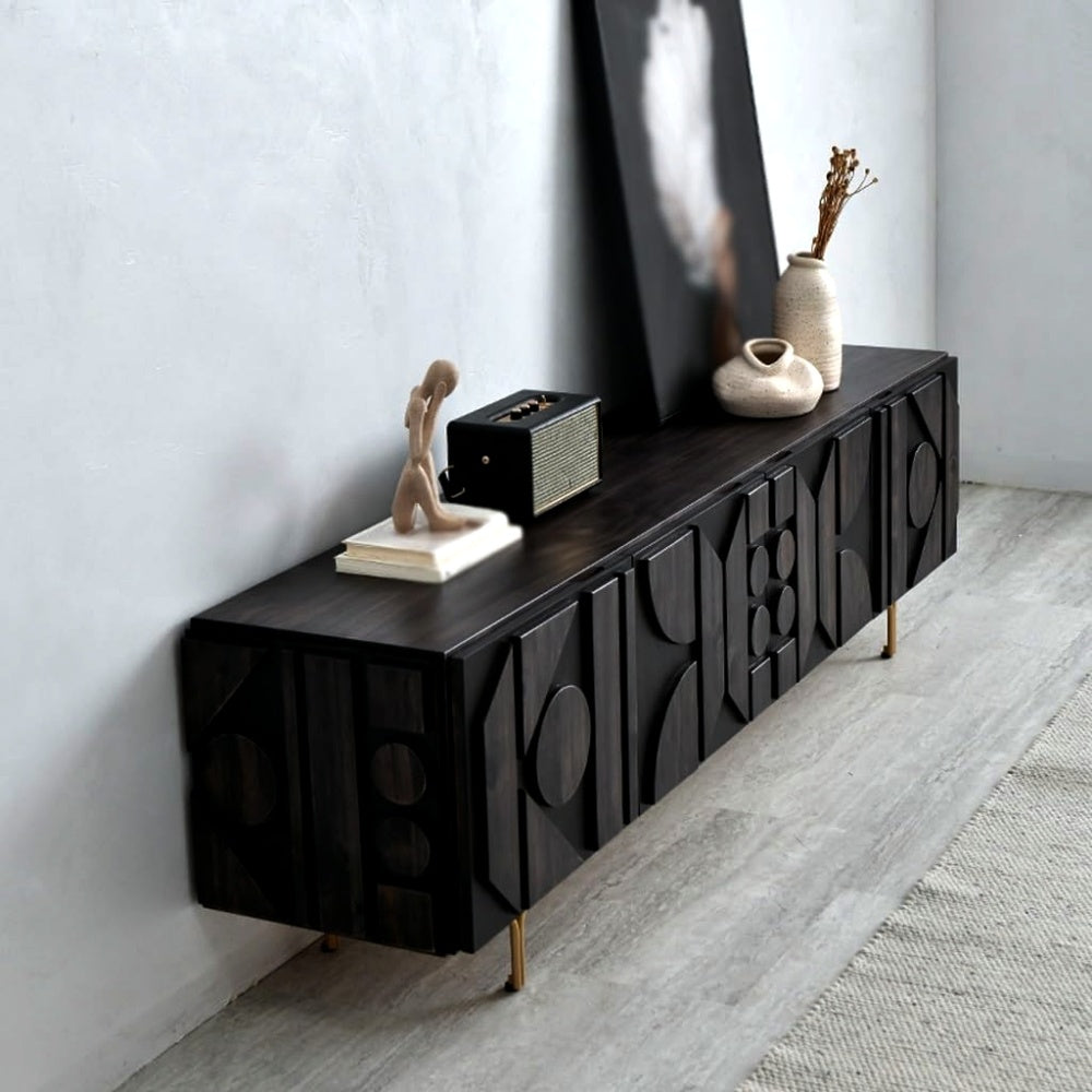 Comoda TV din lemn masiv stejar negru 180 cm premium Geotry, 180 x 40 x 65 cm, Homedit - Image 3