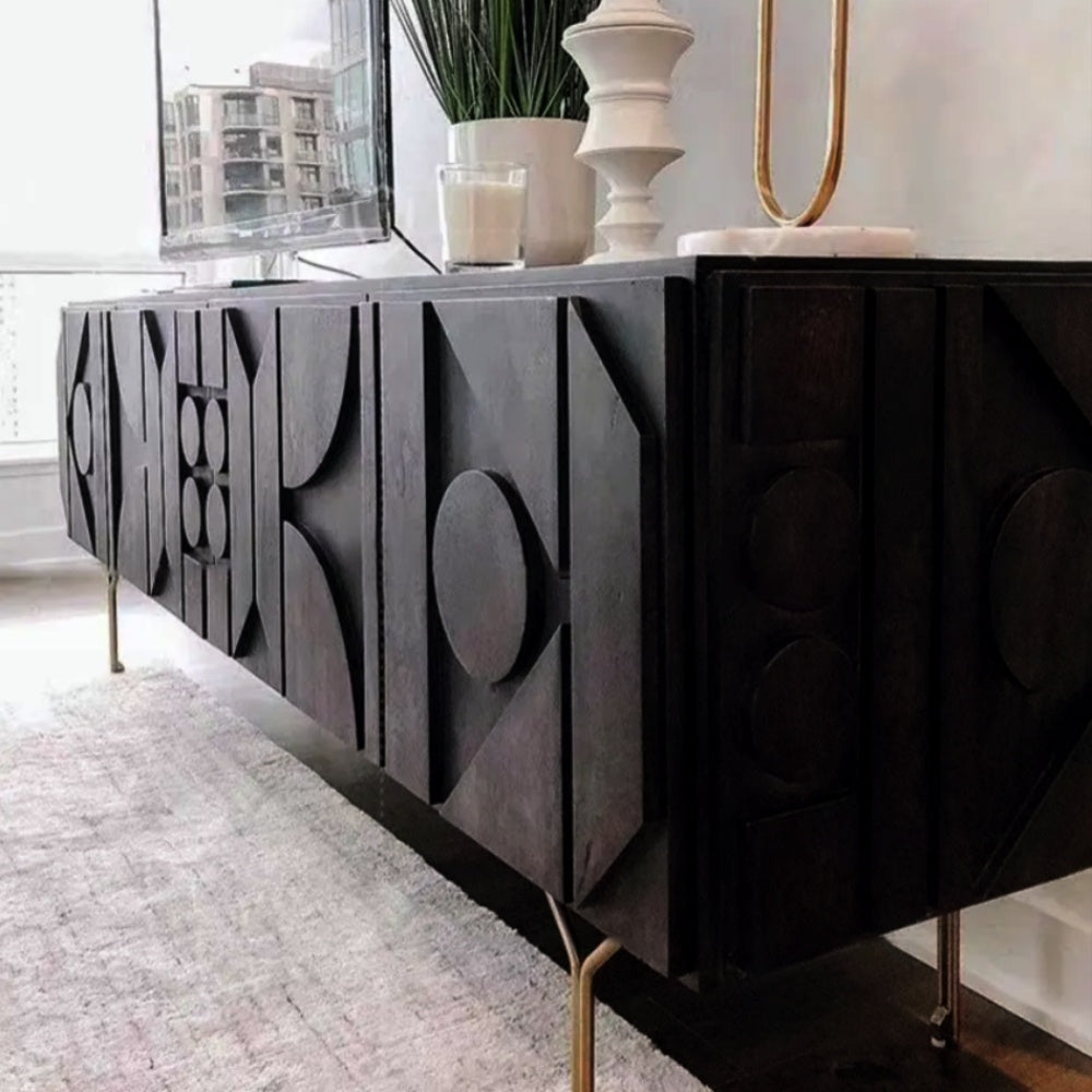 Comoda TV din lemn masiv stejar negru 180 cm premium Geotry, 180 x 40 x 65 cm, Homedit - Image 7