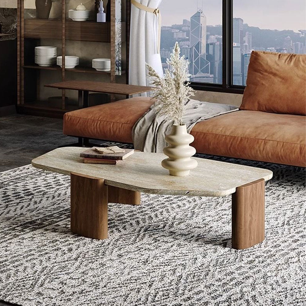 Masa de cafea lemn masiv si travertin 110 x 51 x 35 cm Pensive, Homedit - Image 2