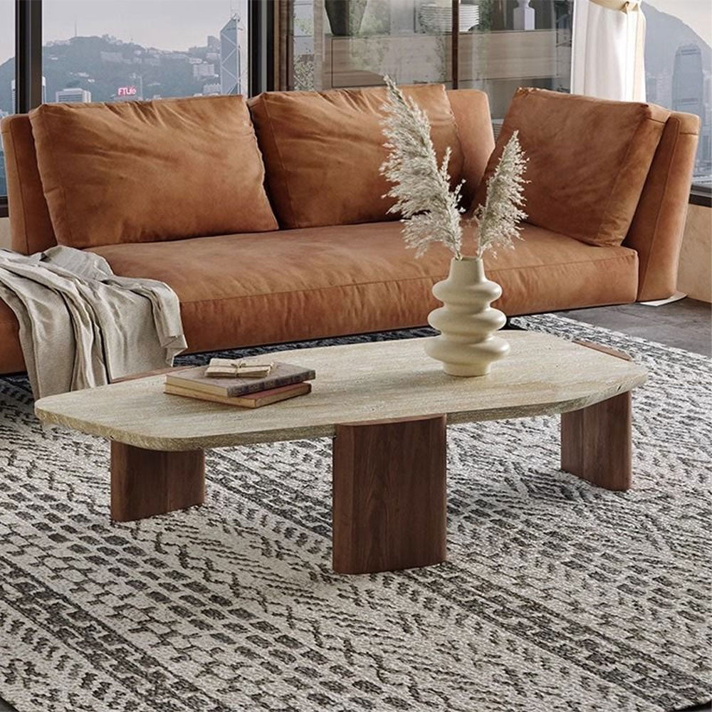 Masa de cafea lemn masiv si travertin 110 x 51 x 35 cm Pensive, Homedit - Image 3