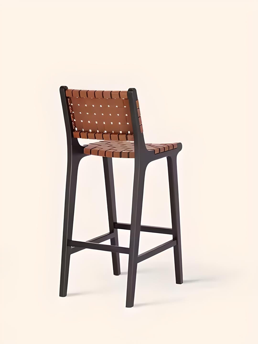 scaun de bar din lemn masiv lunea, scaun lemn masic cu benzi din piele impletita, homedit - Image 3