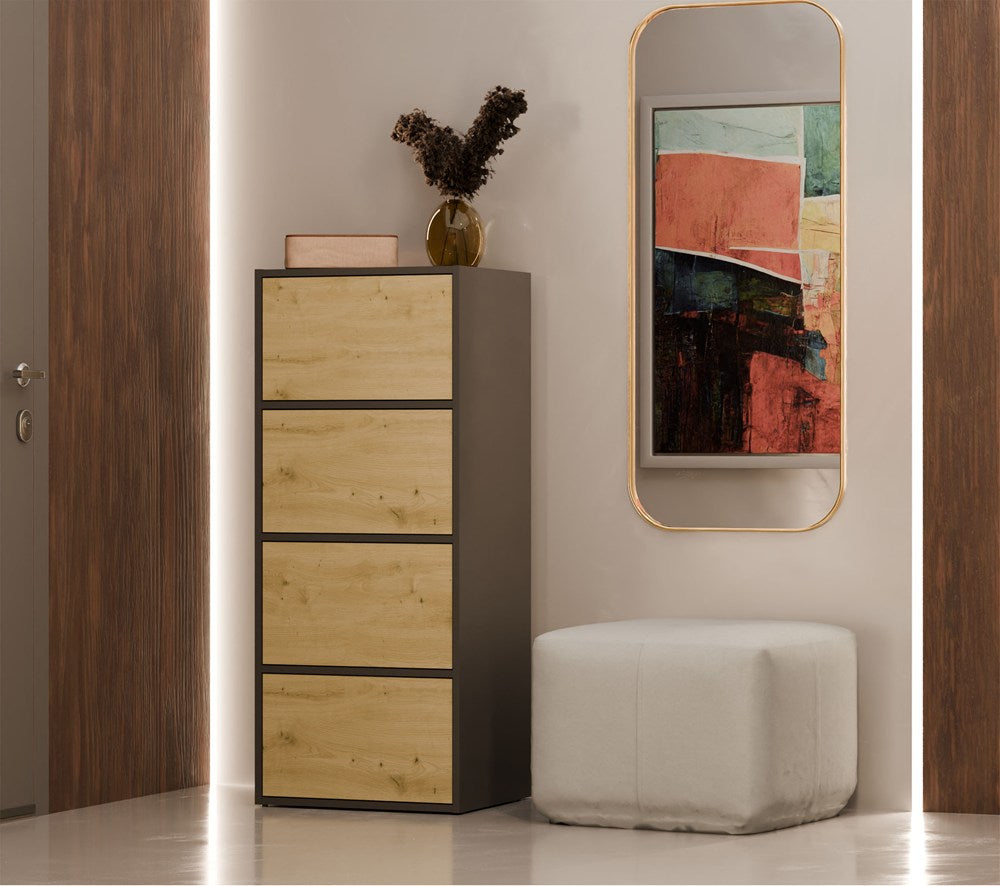 Comodă ALMA cu 4 Uși, Sistem TIP-ON, 50 x 119 x 40 cm, Antracit și Stejar Artisan, Homedit