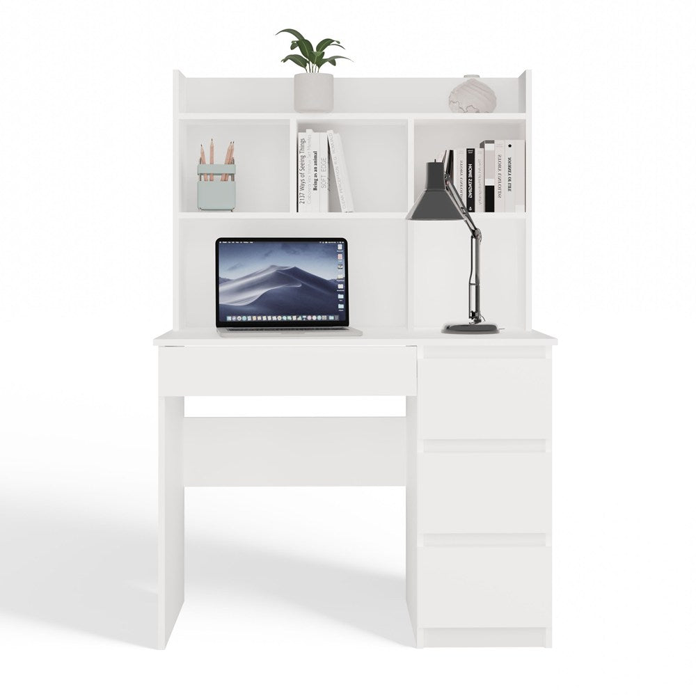 Birou MIJAS Drept cu Suprastructură, 4 Sertare, 4 Polițe, 98 x 146 x 51 cm, Alb Mat, Homedit