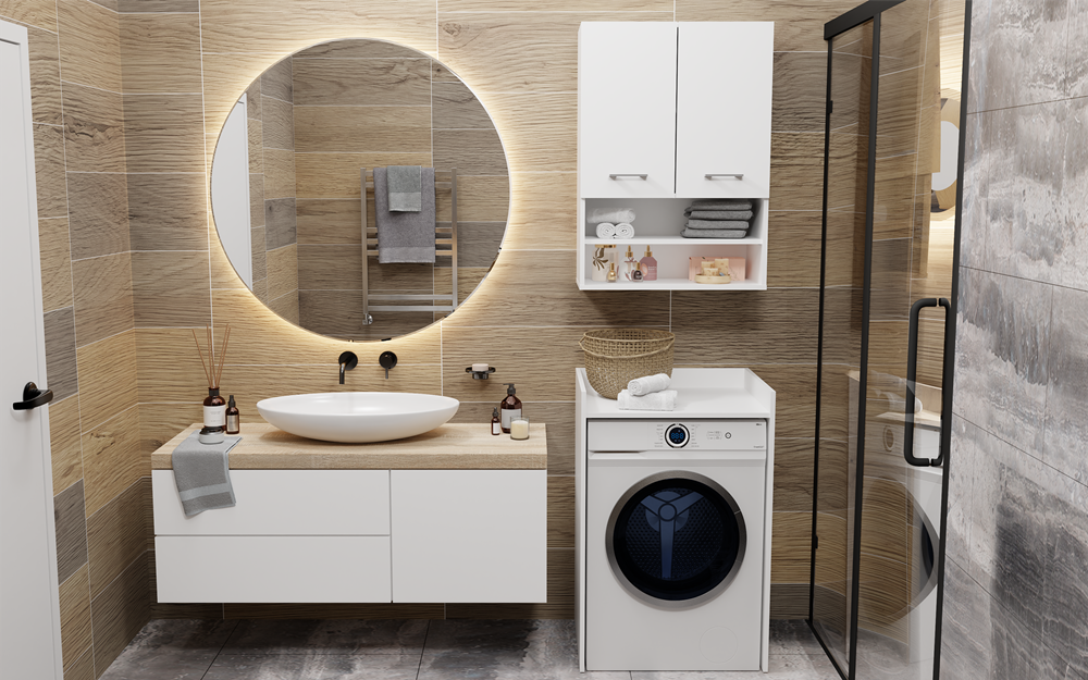 Corp mobilier pentru mașina de spălat Pola NP, cu raft, 64 x 97.5 x 50 cm, Alb Mat, Homedit