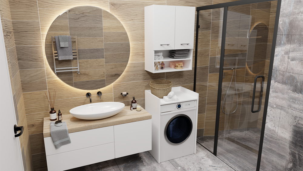 Corp mobilier pentru mașina de spălat Pola NP, cu raft, 64 x 97.5 x 50 cm, Alb Mat, Homedit