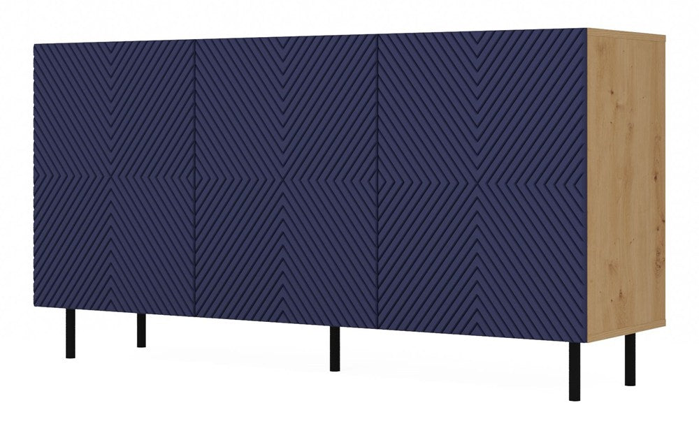 Comodă KAMA 3D/K cu fronturi riflate, 3 uși, 150 x 78 x 40 cm, Stejar Artisan și Granat, Homedit