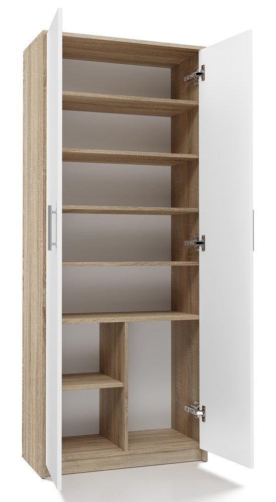 Raft Oliv 2D cu 8 Polițe și 2 Uși, 74 x 180 x 35 cm, Stejar Sonoma și Alb Mat, Homedit