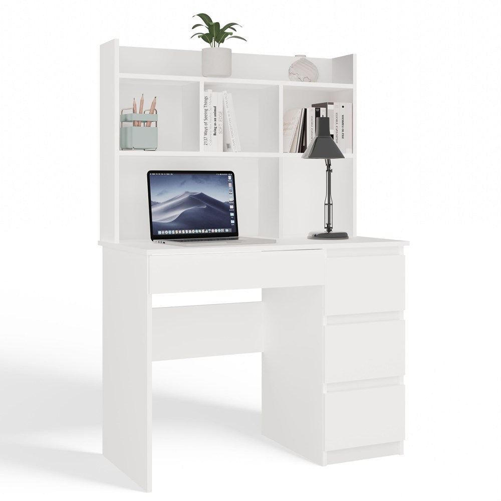Birou MIJAS Drept cu Suprastructură, 4 Sertare, 4 Polițe, 98 x 146 x 51 cm, Alb Mat, Homedit